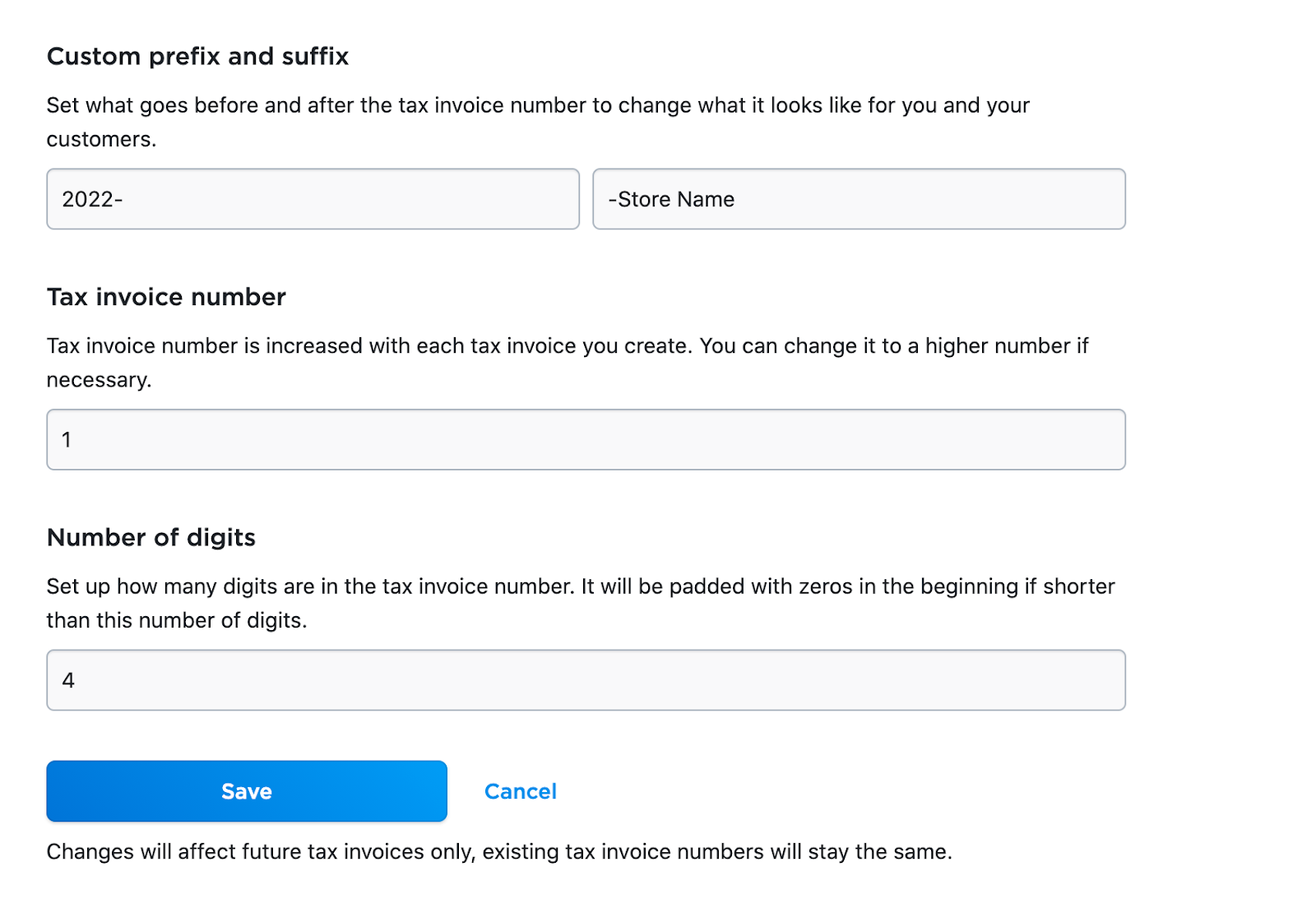 Tax invoice number screen
