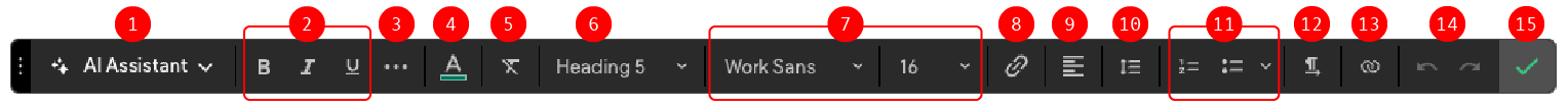 Black text editing bar with editing options in white.