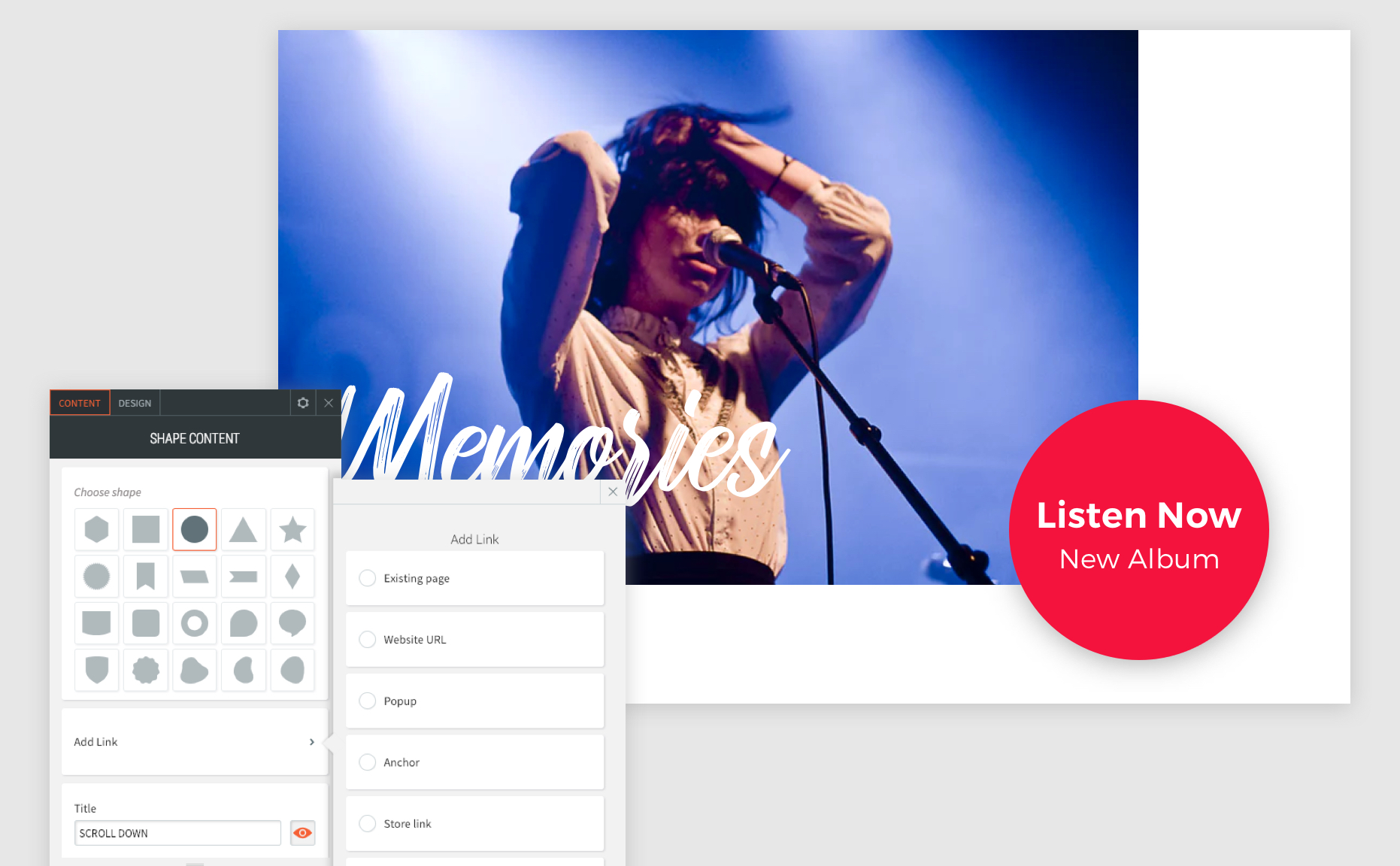 Shape widget context menu is open with the circle selected to show that you can use a shape for a button