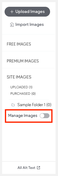 Left side panel of the media manager with the manage images toggle selected.